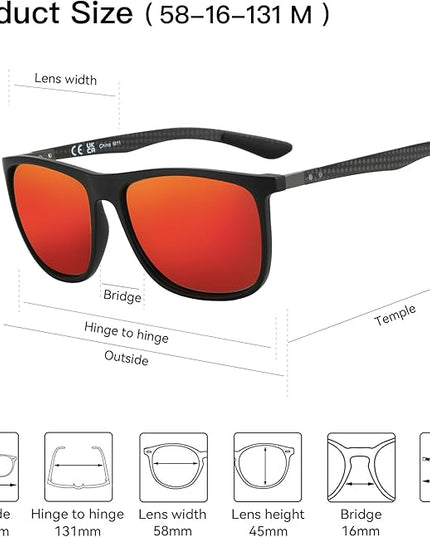 ZENOTTIC Square Polarized Sunglasses for Men Ultralight Carbon Fiber Sun Glasses Driving Fishing Golf Sports UV400 Protection