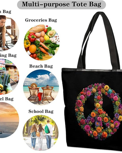 Pardick Canvas Tote Bags, Peace Symbol Flower Tote Bag Eco Friendly Reusable Grocery Shopping Bagsfor Beach, Books, Women with Zipper Inner Pocket