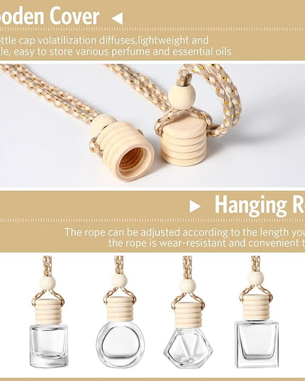 BOTO 100 Pcs Oil Air Freshener Diffuser with Wooden Cap Empty Essential Diffuser Aromatherapy Car Fresheners Clear Car Fragrance Holder Pendant Aesthetic Decor Hanging Perfume Bottle (Various Style)