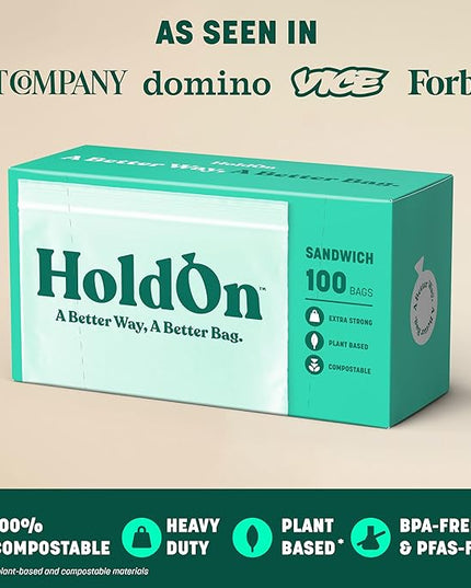 HoldOn Zipseal Sandwich Bags – Compostable, PFOA-Free, BPA-Free, Food-Safe Zip Seal Food Storage Bags With Secure Seal for Home & Travel, Freezer-safe (100 bags total)