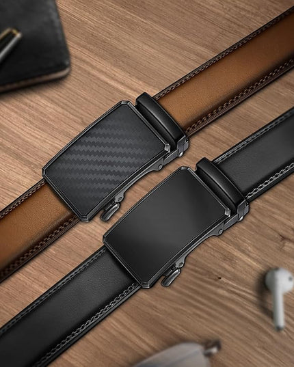 KEMISANT Men Belt 2 Pack, Leather Ratchet Belt Easy Click Slide For Men 1 3/8",Cut for Fit