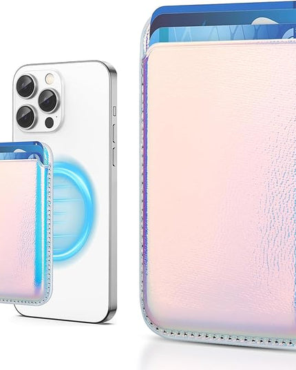Magnetic Wallet Cell Phone Card Holder for Phone Case with Mag-Safe, Stronger Magnetic RFID Leather Phone Wallet Stick on Series of iPhone 17/16/15/14/13/12 and Pro/Promax, Rainbow Color