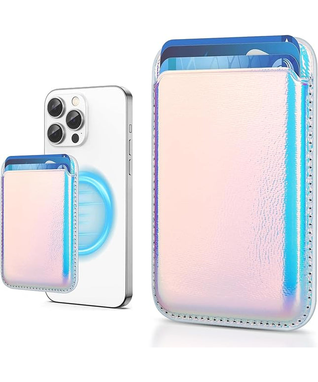 Magnetic Wallet Cell Phone Card Holder for Phone Case with Mag-Safe, Stronger Magnetic RFID Leather Phone Wallet Stick on Series of iPhone 17/16/15/14/13/12 and Pro/Promax, Rainbow Color
