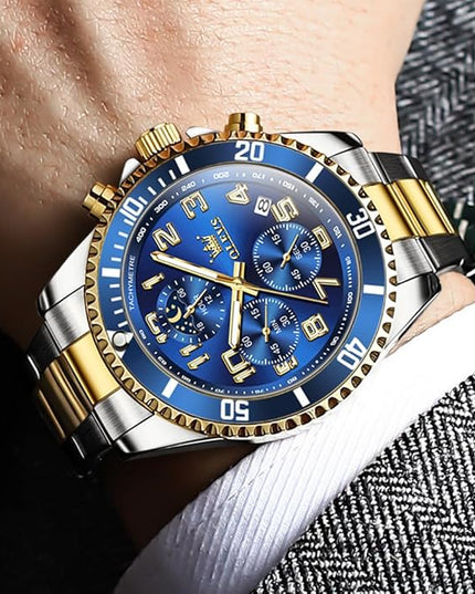 OLEVS Mens Watches Chronograph Watch Luxury Dress Stainless Steel Waterproof Watches for Men Moon Phase Luminous Business Calendar Wrist Watch Blue/Black/Green/Gold/Face