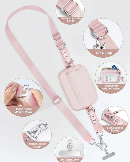 Clip and Go Strap for Phone with Wallet Crossbody Phone Lanyard Adjustable and Detachable RFID Wristlet Wallet with ID Window and Zipper, Pink