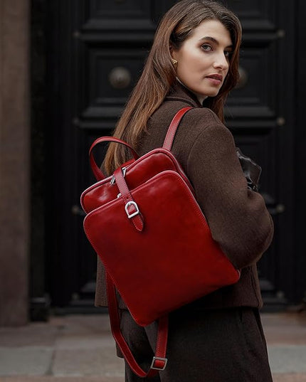 Time Resistance Leather Backpack - Convertible to Shoulder Bag - Full Grain Real Leather Travel Rucksack for Women (Red)