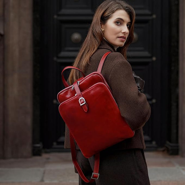 Time Resistance Leather Backpack - Convertible to Shoulder Bag - Full Grain Real Leather Travel Rucksack for Women (Red)