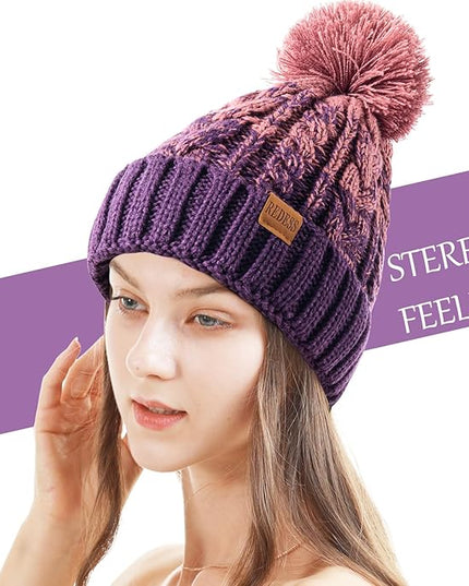 REDESS Women Winter Pompom Beanie Hat with Warm Fleece Lined, Thick Slouchy Snow Knit Skull Ski Cap