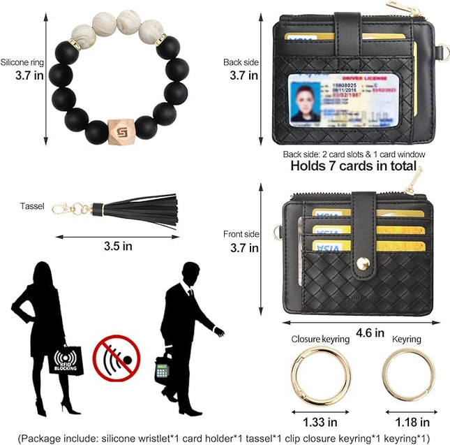 COOLANS Silicone Bracelet Wristlet Wallet Credit Card Holder RFID,ID Window,Key Ring Tassel,Slim Wallet Women Keychain Purse