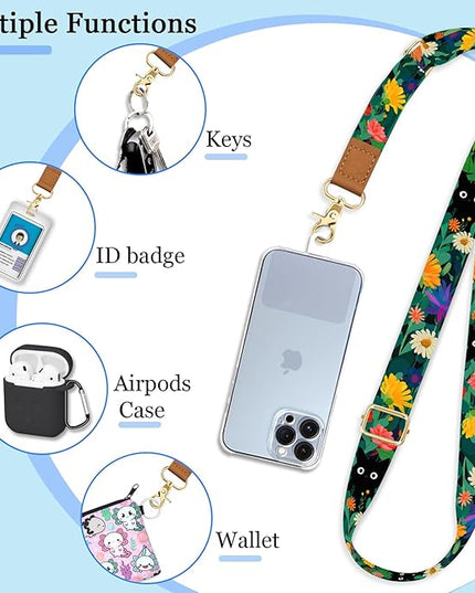 Phone Lanyard Crossbody with Wrist Strap, Flower Cat Cell Phone Lanyards for around the Neck Wristlet Adjustable Strap Cute for Keys Case ID Badges Accessories