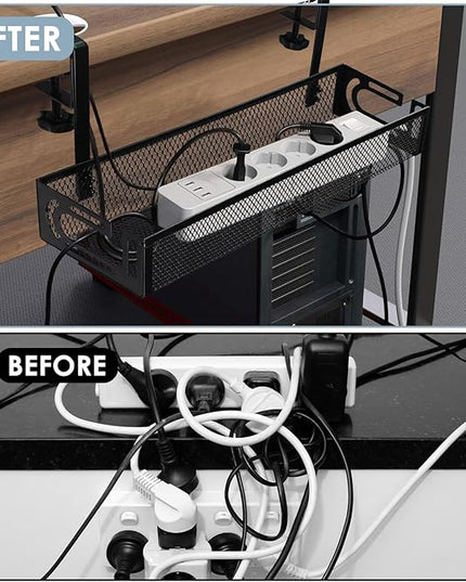 Under Desk Cable Management Tray, Cable Management Under Desk No Drill, Wire Management Tray with Clamp, Cord Organizer for Home Office, Black