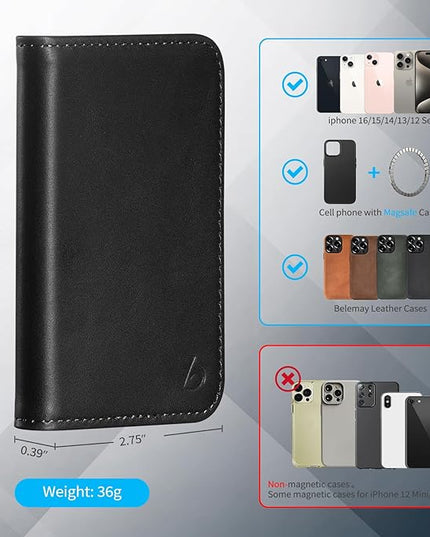 Belemay Minimalist Bifold Magnetic Wallet Compatible with MagSafe, Slim Card Holder for 4 Cards, Vegetable-Tanned Leather, Compatible with iPhone 17/16/15/14/13/12 Series and MagSafe Cases, Black