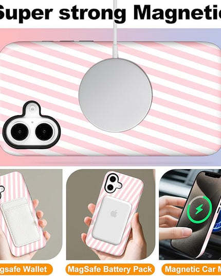 Magnetic for iPhone 17 Case Cute Diagonal Stripes Phone Case, Shockproof Slim TPU and Hard PC Protective Phone Cover Compatible with MagSafe Designed for Women Girls,Pink