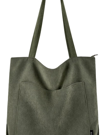 Prite Corduroy Tote Bag for Women Large Shoulder Bag with Zipper and Pockets for College Work Travel Shopping