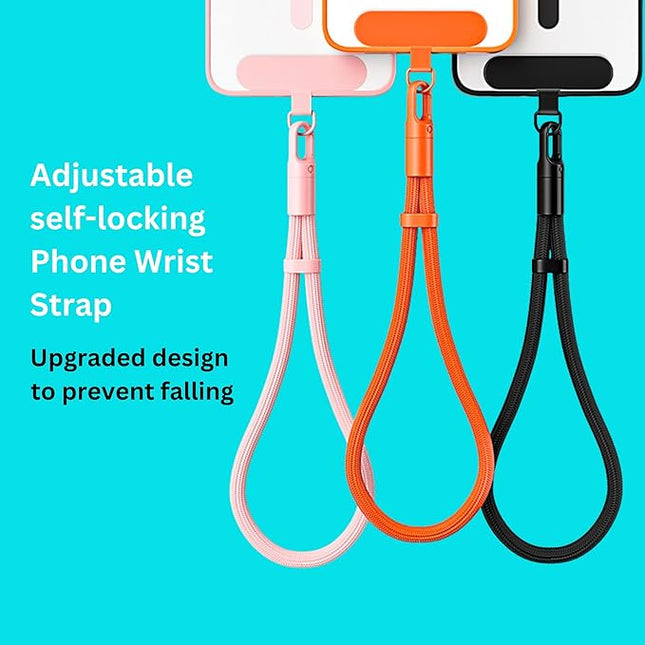 Minimalist Wrist Strap Phone Lanyard with Adjustable Drop-Proof Design, 7mm Reinforced Climbing Rope Material, 2 Phone Tether Tabs (Matching Metal and Rotatable Clear) - Orange