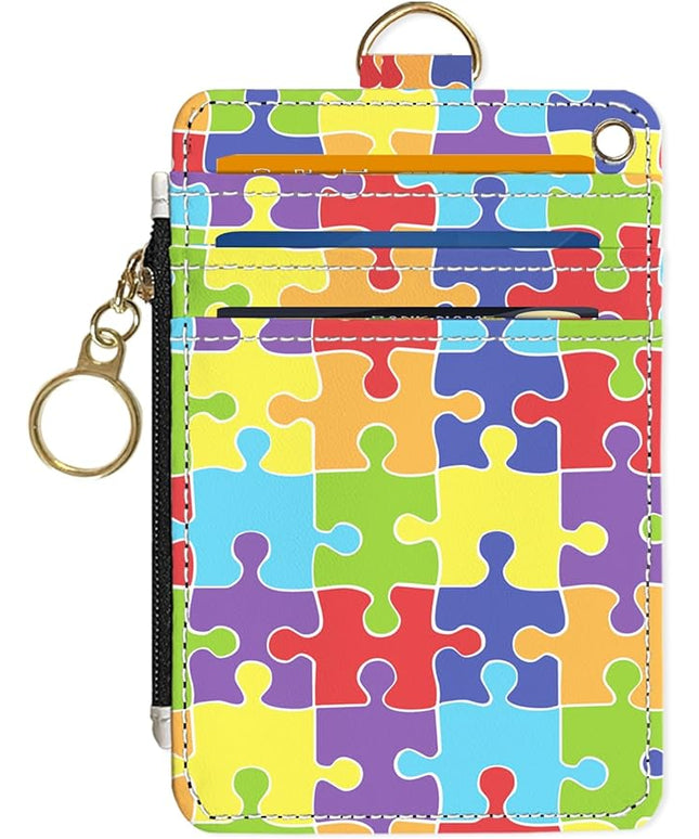 Slim Wallet Credit Card Holder, Jigsaw Puzzle, RFID Wallet Women Cute Small Front Pocket Wallet With Zipper, PU Leather Thin travel RFID Blocking Card Case ID Window,Ladies Gifts