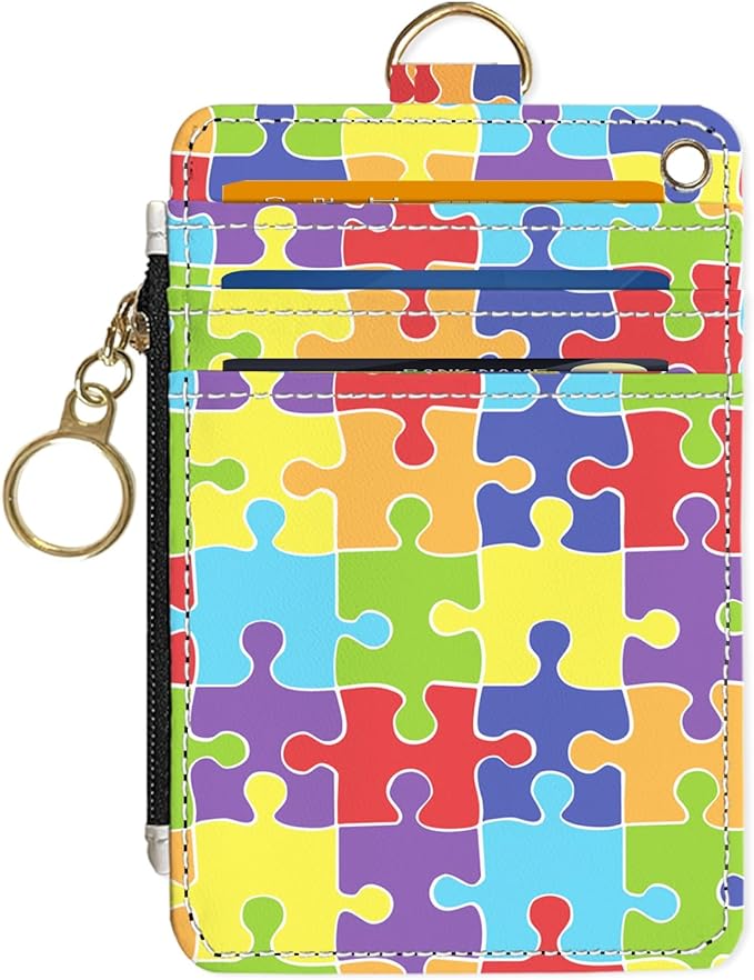 Slim Wallet Credit Card Holder, Jigsaw Puzzle, RFID Wallet Women Cute Small Front Pocket Wallet With Zipper, PU Leather Thin travel RFID Blocking Card Case ID Window,Ladies Gifts