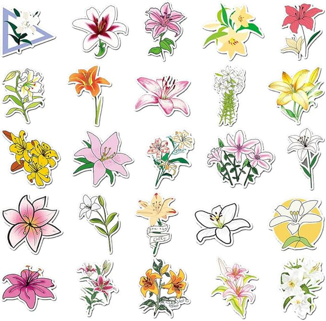 Aesthetic Lily Vinyl Stickers, 50 PCS Waterproof Floral Decals for Laptops, Scrapbooking, Notebooks, Water Bottles, Suitcases, Phones & DIY Decor