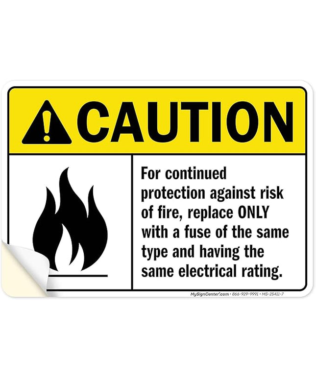 Warning For Continued Protection Against Risk Of Fire Replace Sign, 10x7 Inches, 4 Mil Vinyl Decal Stickers Weather Resistant, Made in USA by My Sign Center