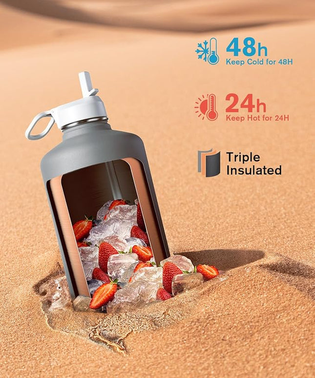 Coolflask 128 oz Gallon Water Bottle Insulated with Straw&3 Lids, Water Jug Large Stainless Steel Metal Vacuum Wide Mouth for Sports, Gym or Office, Non-BPA Keep Cold 48H Hot 24H, Dark Grey