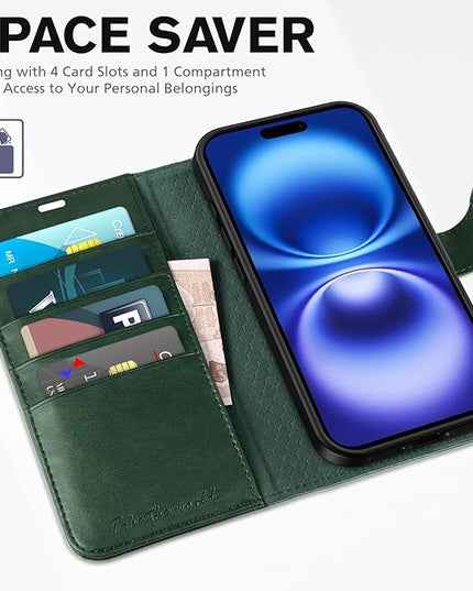 TUCCH Case Wallet for iPhone 16, Protective [TPU Shockproof Inner Shell], Kickstand PU Leather RFID Blocking [4 Card Holder] Magnetic Closure Cover Compatible with iPhone 16 5G, Green