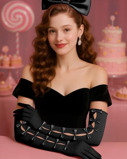 BABEYOND Lace Gloves for Women - Princess Gloves Long Stretchy Bow Mesh Tulle Sheer for Costume Opera Party