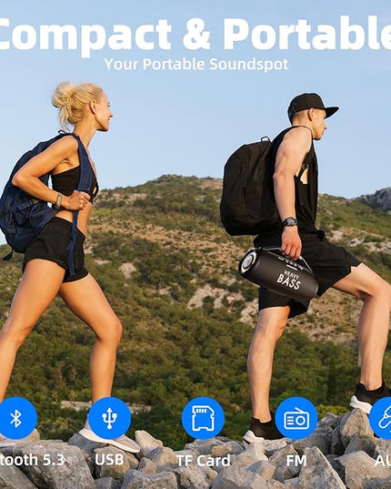 HEAVY BASS Speakers Bluetooth Wireless, 80W Max Loud Portable Speaker with Bass, 20H Playtime, IPX6 Waterproof, Dual Pairing, Gift Ideal for Adults Men Women Teen Boys Girls (Black, Large)