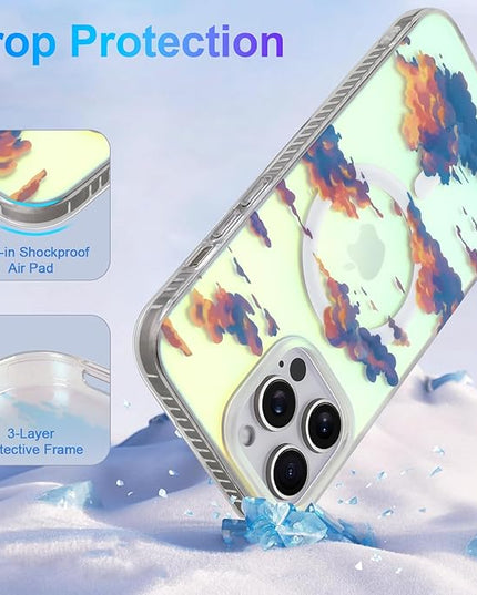 Cute Case for iPhone 15 Pro Case for Women Girls [ Compatible with Magsafe ] Aesthetic Cloud Pattern Design, Girly Glitter Sparkly Bling Protective Phone Cover, Iridescent Sun Set Sky