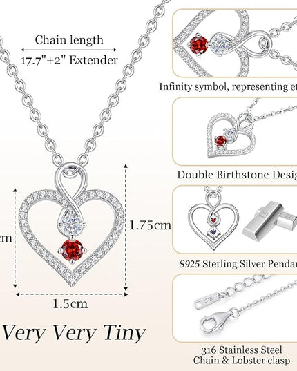 LOUISA SECRET Infinity Double Birthstone Necklace, 925 Sterling Silver Tiny Pendant Heart Necklace for Women Wife Her, Best Jewelry Gift Heart Jewelry Meaningful Gift for Valentine's Day, Christmas, Birthday Anniversary