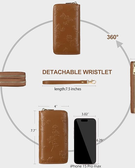 yiijay Womens Wallet RFID Blocking Large Capacity Leather Double Zip Wristlet Wallet Credit Card Phone Holder Ladies Clutch Purse Flora