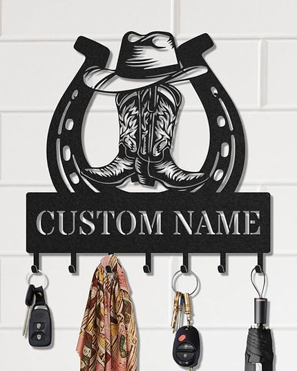 LOWACOS Personalized Key Holder for Wall, Custom Metal Cowboy Key Hooks with Name, Meta Jacket Holder Hooks Organizer Rack, Jacket Hanger Decor for Kitchen, Entryway, Hallway, Office, Doorway