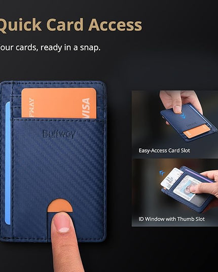 Buffway Slim Minimalist Front Pocket RFID Blocking Leather Wallets for Men and Women - Carbon Fiber Blue