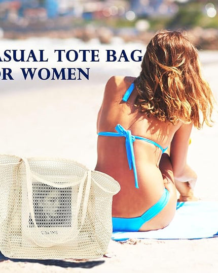 Mesh Beach Bag, Large Beach Tote with Zipper Pocket, Toys Pool Bag for Family Travel Vacation Cruise Essentials
