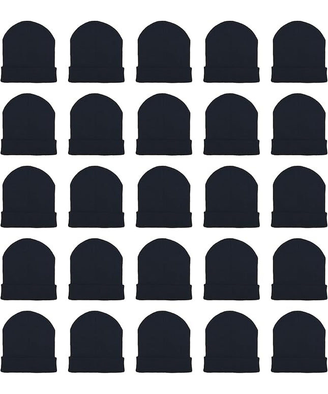 25 Pack Winter Beanie Hats, Unisex Thermal Toboggan Cold Weather Cuffed Caps Bulk Bundle