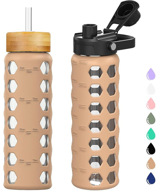 MUKOKO Glass Water Bottles, 24oz Glass Tumbler with Straw, Drinking Bottles with 2 Lids-Handle Spout Lid&Bamboo Straw Lid, Motivational Water Bottle with Time Marker and Silicone Sleeve, 1 Pack-Amber