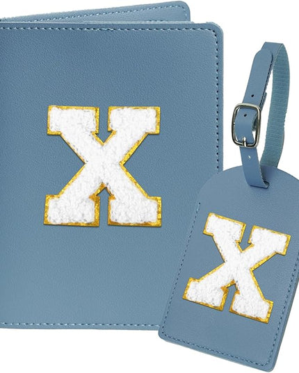 Initial Passport Cover Holder and Luggage tag Set,PU Leather Passport Case Travel Suitcase Tag with Letter Patch, Personalized Travel Luggage Accessories Gifts for Women Grils Teenage Haze Blue X