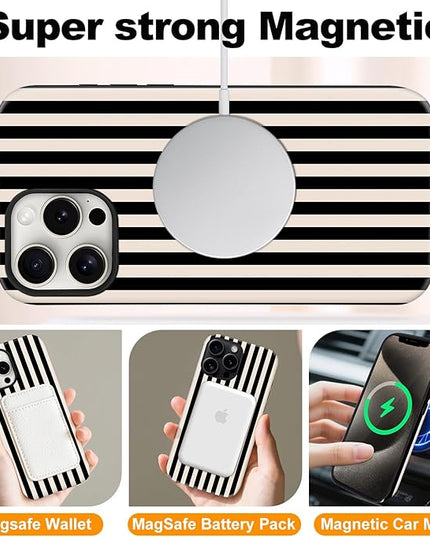 Magnetic for iPhone 16 Case Cute Stripes Phone Case, Shockproof Slim TPU and Hard PC Protective Phone Cover Compatible with MagSafe Designed for Women Girls, Black and White