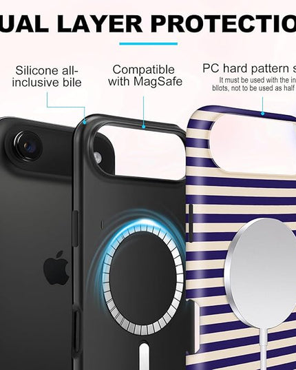 Magnetic for iPhone 17 Air Case Cute Stripes Phone Case, Shockproof Slim TPU and Hard PC Protective Phone Cover Compatible with MagSafe Designed for Women Girls, Blue&Apricot