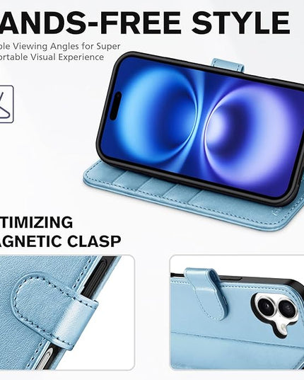 TUCCH Case Wallet for iPhone 16 5G, [RFID Blocking] 4 Card Holder Stand [Shockproof TPU Interior Case] PU Leather Magnetic Protective Flip Cover Compatible with iPhone 16, Shiny Light Blue