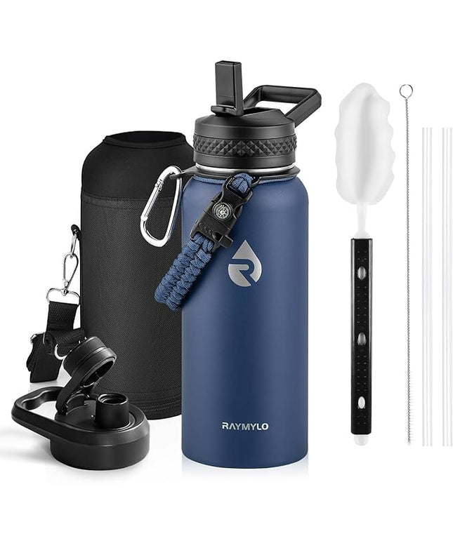 Insulated Water Bottle 32 oz, Triple Wall Vacuum Stainless Steel (Cold for 48 Hrs), Leak Proof & Non-BPA, Modern Water Flask Jug with Paracord Handle & Straw Spout Lids, Navy Blue