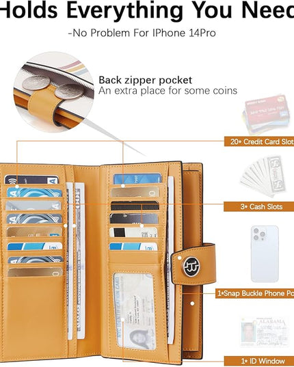 BOSTANTEN Womens Wallet Genuine Leather Wallets Large Capacity Cash Cluth Purses with Zipper Pocket Beige Yellow