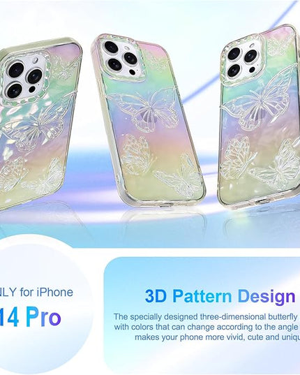 Cute Case for iPhone 14 Pro Case for Women Girls, with 3D Butterflies Pattern Design, Aesthetic Clear Iridescent Glitter Kawaii Girly Rainbow Protective Phone Cover
