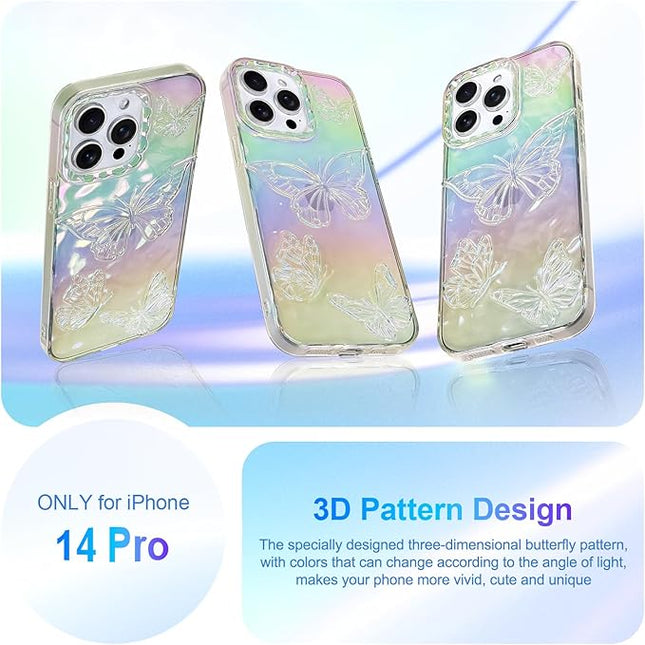 Cute Case for iPhone 14 Pro Case for Women Girls, with 3D Butterflies Pattern Design, Aesthetic Clear Iridescent Glitter Kawaii Girly Rainbow Protective Phone Cover