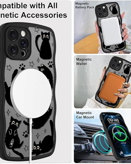 Cute Case for iPhone 12 Pro Max Case [Compatible with MagSafe] with Kawaii Black Cats Cat Print Pattern Design for Women Girls, Soft Wavy Edge Anti-Slip Animal Magnetic Protective Phone Cover