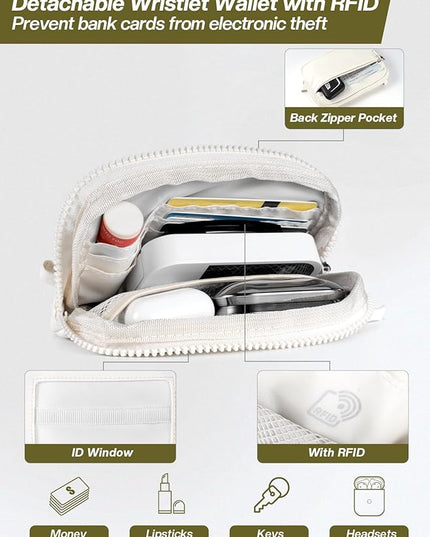 Clip and Go Strap for Phone with Wallet Crossbody Phone Lanyard Adjustable and Detachable RFID Wristlet Wallet with ID Window and Zipper, Cream