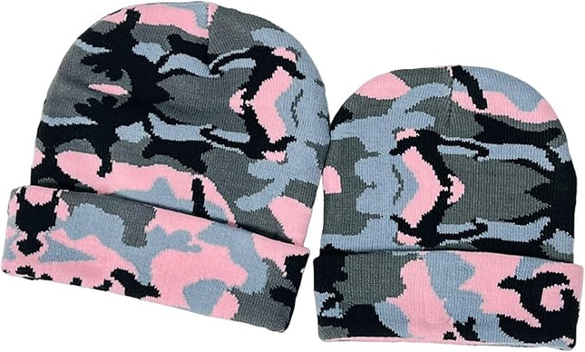 Super Soft Adult & Child Camo Print Winter Knit Beanie Set