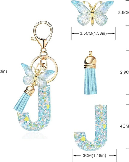 Fashion Alphabet Initial Letter Keychain Tassel Butterfly Pendant Key Ring for Purse Handbags Women Girl