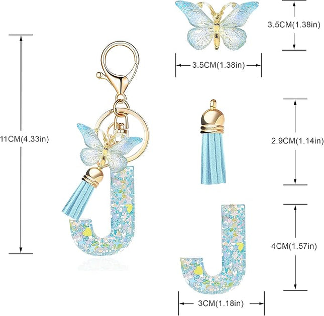 Fashion Alphabet Initial Letter Keychain Tassel Butterfly Pendant Key Ring for Purse Handbags Women Girl