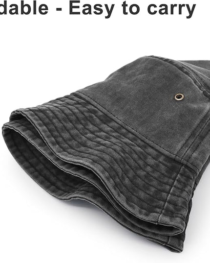 Bucket Hat, Wide Brim Washed Denim Cotton Outdoor Sun Hat Flat Top Cap for Fishing Hiking Beach Sports