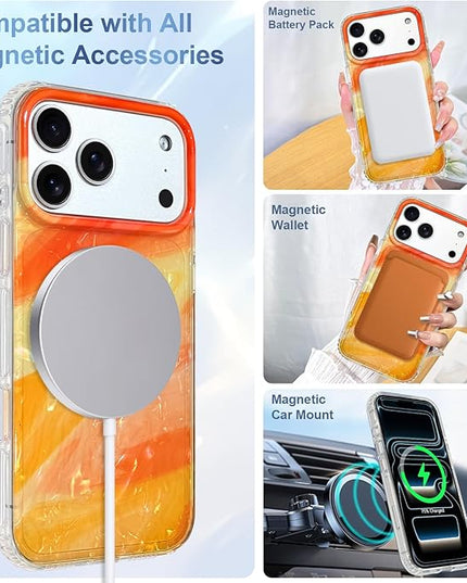 Cute Case for iPhone 17 Pro Case for Women Girls [Compatible with Magsafe] with Translucent Pearl Pattern Design, Aesthetic Girly Magnetic Protective Phone Cover, Orange